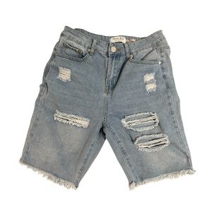 Distressed Light Wash Denim Bermuda Shorts - High-Rise Style